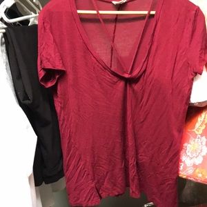Red Short Sleeve Stringed V-neck